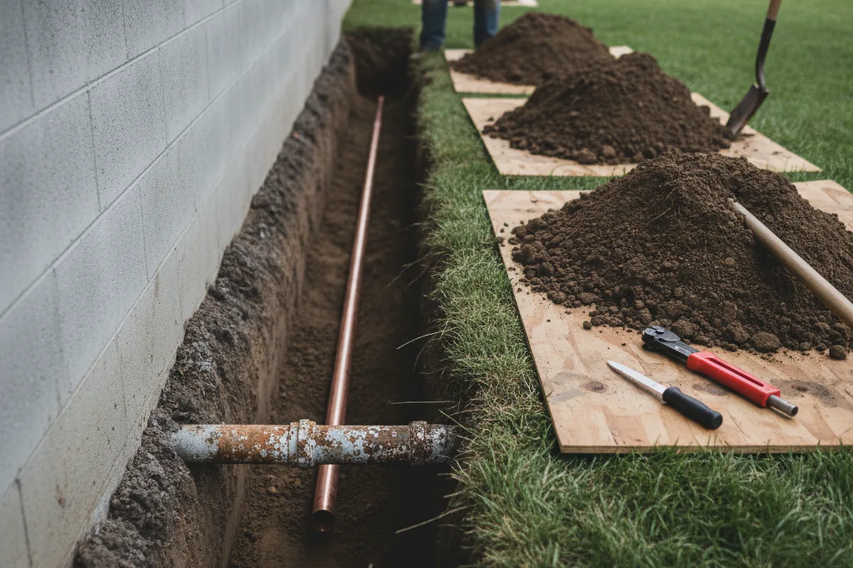 Excavated water line trench during Water Softener Installation in Twin Lakes